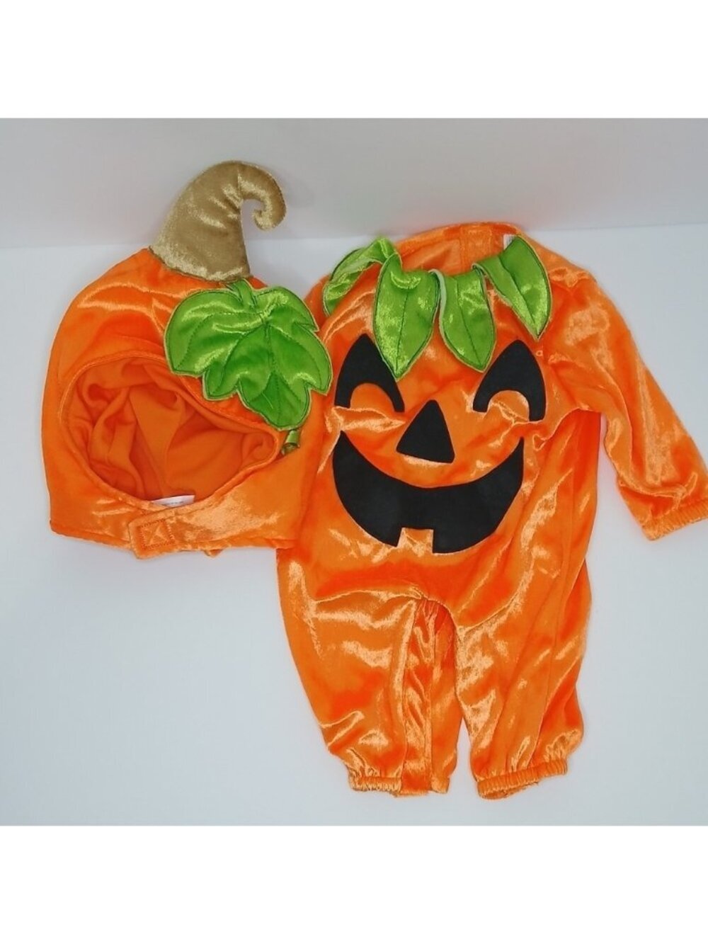 Infant Pumpkin Halloween Costume 0-6 Months Velour Jumpsuit & Hood 2PC